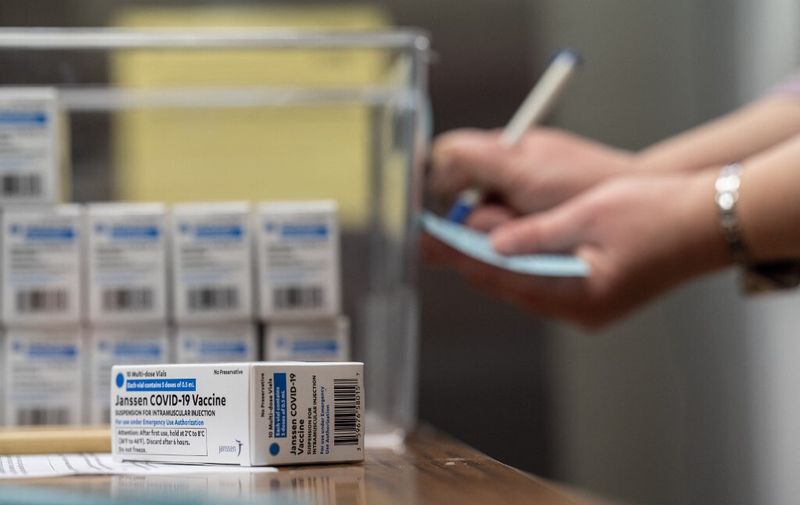 LOUISVILLE, KY - MARCH 04: A box containing vials of the Janssen COVID-19 vaccine sit on a counter before being transported to a refrigeration unit at Louisville Metro Health and Wellness headquarters on March 4, 2021 in Louisville, Kentucky. The FDA approved the third COVID-19 vaccine Saturday. Unlike the Moderna and Pfizer/BioNTech COVID-19 vaccines, the Johnson &amp; Johnson vaccine will be administered in one dose. The U.S. government will manage allocation and distribution of the vaccine in the U.S.   Jon Cherry/Getty Images/AFP (Photo by Jon Cherry / GETTY IMAGES NORTH AMERICA / Getty Images via AFP)