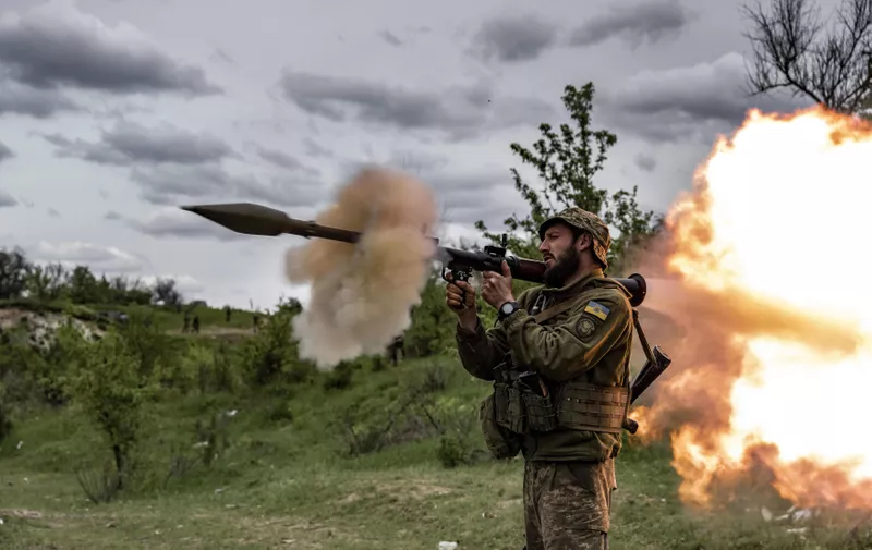 DONETSK, UKRAINE - MAY 08: A soldier fires a rocket gun as Ukrainian soldiers in the Donetsk region, where the country's most intense clashes occur, attend intensive combat training by using both domestic and foreign weapons amid Russia-Ukraine war in Donetsk, Ukraine on May 08, 2023. Infantry is always prepared in a conflict where heavy weaponry like aircraft, helicopters, tanks and other heavy armored vehicles, artillery systems, and mortars are widely deployed on frontline. Combat readiness and experience training of the 57th Brigade of the Ukrainian army continues in Donetsk. Muhammed Enes Yildirim / Anadolu Agency/ABACAPRESS.COM,Image: 774697681, License: Rights-managed, Restrictions: , Model Release: no