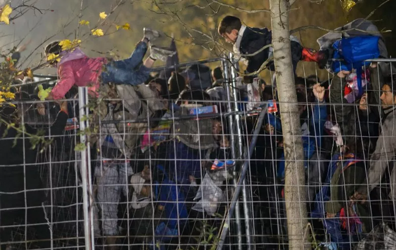 Migrants help children go over a fence as a crowd of migrants and refugees waits to cross the Slovenian-Austrian border in Sentilj, Slovenia on October 29, 2015. Austria on October 28  announced plans to build a fence at a major border crossing with fellow EU state Slovenia to "control" the migrant influx, in a blow to the bloc's cherished passport-free Schengen zone. AFP PHOTO / RENE GOMOLJ