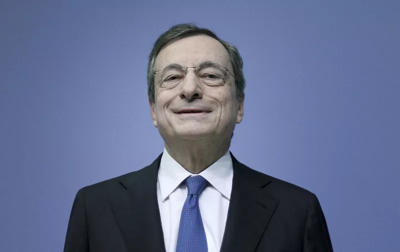 Mario Draghi, President of the European Central Bank (ECB), arrives for the press conference following the meeting of the Governing Council in Frankfurt am Main, western Germany, on October 24, 2019. - The European Central Bank held key interest rates and other monetary tools unchanged at its meeting, leaving departing European president Mario Draghi to defuse differences among policymakers over continued stimulus as best he can in a final press conference. (Photo by Daniel ROLAND / AFP)