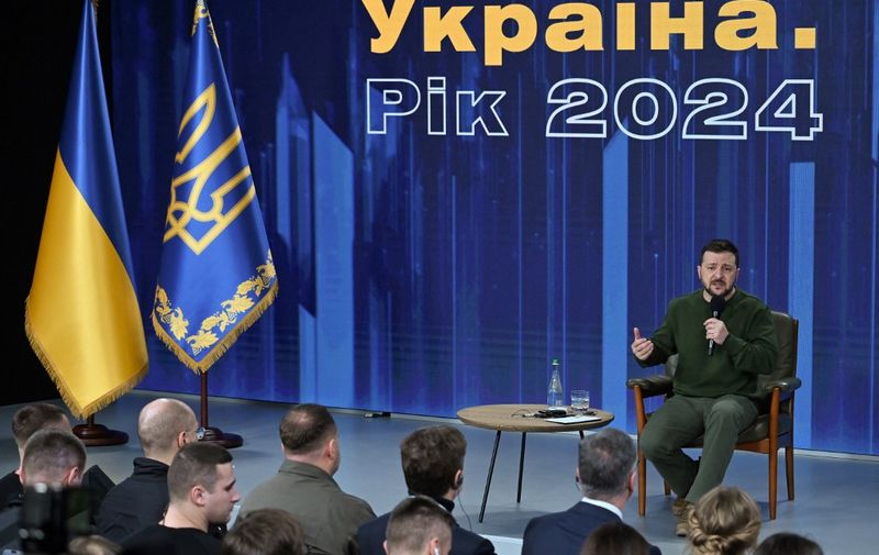 Ukraine's President Volodymyr Zelensky attends a press conference during the "Ukraine Year 2024" forum in Kyiv on February 25, 2024, marking the second anniversary of the Russian invasion of Ukraine. (Photo by Sergei SUPINSKY / AFP)