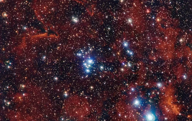 A handout photo released on June 29, 2015 by the European Southern Observatory shows a rich view of an array of colourful stars and gas which was captured by the Wide Field Imager (WFI) camera, on the MPG/ESO 2.2-metre telescope at ESOs La Silla Observatory in Chile. It shows a young open cluster of stars known as NGC 2367, an infant stellar grouping that lies at the centre of an immense and ancient structure on the margins of the Milky Way.  AFP PHOTO / ESO / G. Beccari

= RESTRICTED TO EDITORIAL USE - MANDATORY CREDIT "AFP PHOTO / ESO / G. Beccari" - NO MARKETING NO ADVERTISING CAMPAIGNS - DISTRIBUTED AS A SERVICE TO CLIENTS =