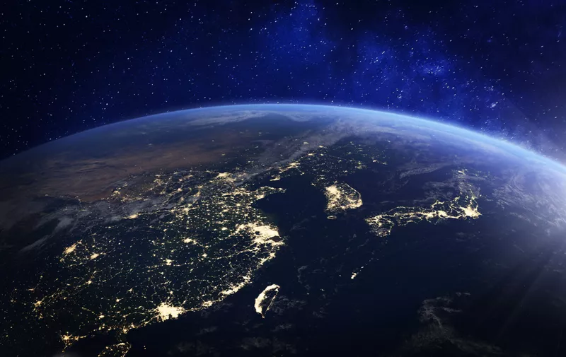 Asia at night from space with city lights showing human activity in China, Japan, South Korea, Hong Kong, Taiwan and other countries, 3d rendering of planet Earth, elements from NASA (https://eoimages.gsfc.nasa.gov/images/imagerecords/57000/57752/land_shallow_topo_2048.jpg)