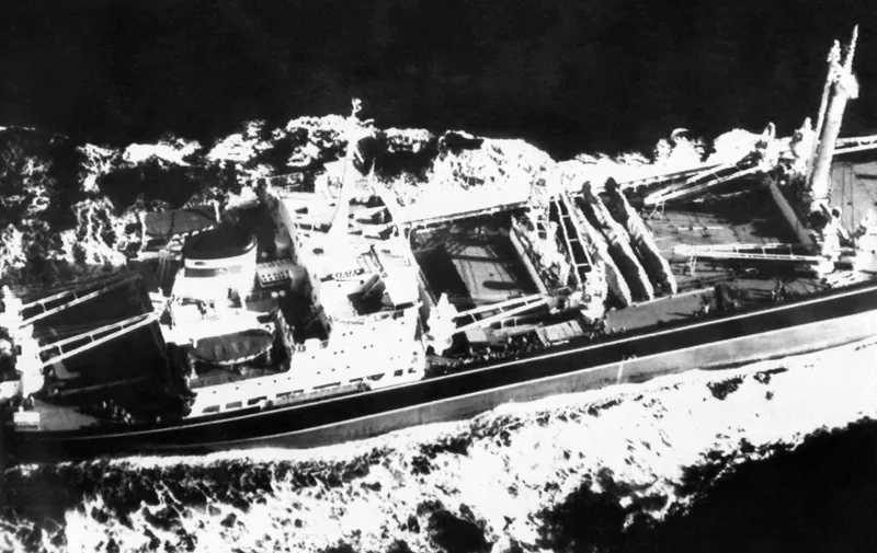 (FILES) This file aerial photo taken on December 4, 1962, after the Cuban missile crisis, shows the Soviet freighter "Okhotsk" carrying "Ilyouchine IL 28" missiles in accordance with the US-Soviet agreement on the withdrawal of the Russian Missiles from Cuba, off the Cuban coast. - October 22, 2022, marks the 60th anniversary of US president John F. Kennedy announcing a naval blockade around Cuba, at the start of the 'Cuban missile crisis.' The 35-day (16 October  20 November 1962) Cuban missile crisis and its aftermath was the most serious US-Soviet confrontation of the Cold War. On October 15, 1962, the US army discovered several Soviet nuclear missile ramps on the island of Cuba. Days later President Kennedy ordered the maritime blockade of the island. After several days of negotiations between Kennedy and Nikita Khrushchev, first secretary of the CPSU, during which the world lived under the threat of nuclear war, the USSR retreats. After coming close to nuclear disaster, the two great powers decide to set up the hotline. (Photo by AFP)