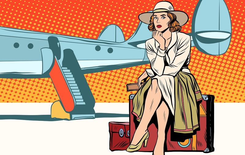 Tourist girl sitting on a suitcase, travelling by plane pop art retro style. Journey and adventure. Heavy baggage., Image: 317351456, License: Royalty-free, Restrictions: , Model Release: no, Credit line: Profimedia, Alamy