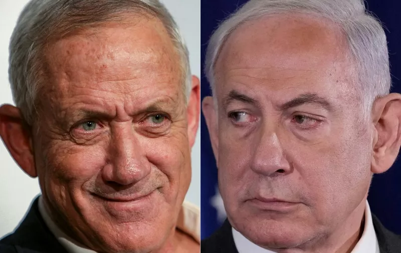 (COMBO) This combination photograph created on October 12, 2023 shows (L) a file photograph taken on October 24, 2022 of Israel's former defence minister Benny Gantz in the Mediterranean coastal city of Tel Aviv, and (R) a file photograph taken on October 12, 2023 of Israeli Prime Minister Benjamin Netanyahu inside The Kirya, which houses the Israeli Defence Ministry, in Tel Aviv. Israel kept up its bombardment of Hamas targets in the Gaza Strip on October 12, 2023, as Prime Minister Benjamin Netanyahu and a political rival announced an emergency government for the duration of the conflict that has already killed thousands. The veteran right-wing leader was joined by the centrist Benny Gantz, a former defence minister, in the government and war cabinet as both put aside bitter political divisions that have roiled the country and sparked mass protests. (Photo by GIL COHEN-MAGEN and Jacquelyn Martin / various sources / AFP)