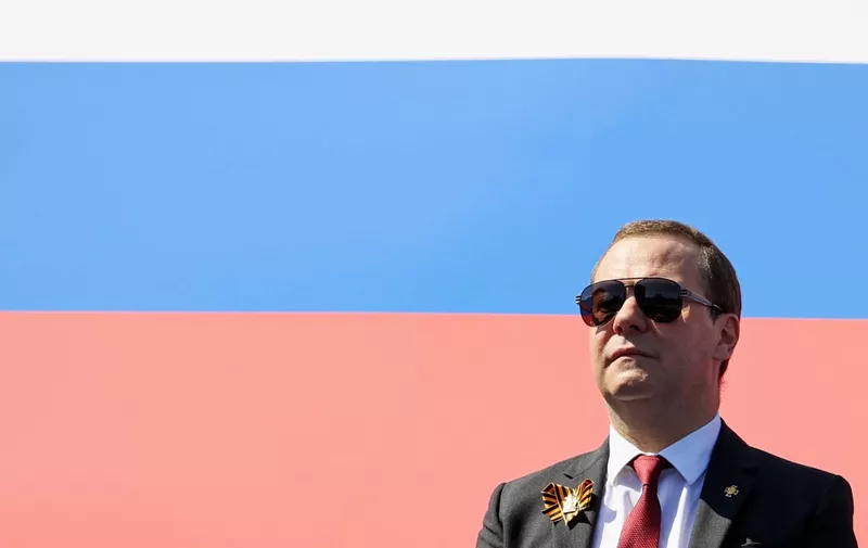 (FILES) In this file photo taken on June 24, 2020 deputy head of Russia's Security Council Dmitry Medvedev arrives to watch a military parade, which marks the 75th anniversary of the Soviet victory over Nazi Germany in World War Two, at Red Square in Moscow. (Photo by Yekaterina SHTUKINA / SPUTNIK / AFP)