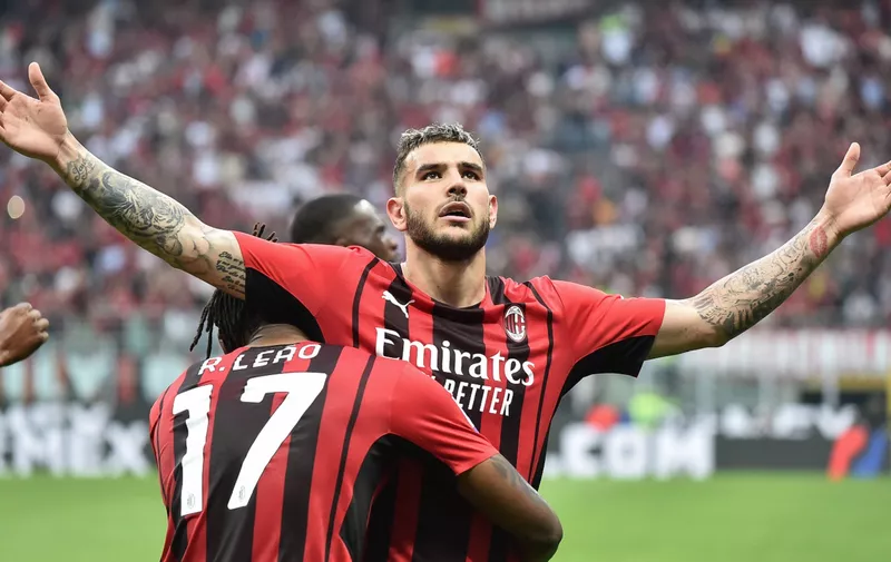 Theo Hernandez of AC Milan celebrates with Rafael Leao after scoring the goal of 2-0 during the Serie A 2021/2022 football match between AC Milan and Atalanta BC at San Siro stadium in Milano Italy, May, 15th 2022. Photo Andrea Staccioli / Insidefoto andreaxstaccioli