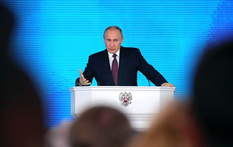 3312068 03/01/2018 March 1, 2018. Russian President Vladimir Putin delivers his annual Presidential Address to the Federal Assembly at the Manezh Central Exhibition Hall., Image: 364683081, License: Rights-managed, Restrictions: , Model Release: no, Credit line: Profimedia, Sputnik
