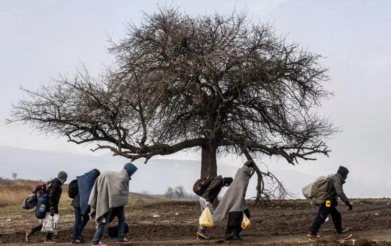 Migrants and refugees walk past a tree after crossing into Serbia via the Macedonian border near the village of Miratovac on January 28, 2016.
More than a million people headed to Europe in search of new lives last year, most of them refugees fleeing conflict in Syria, Iraq and Afghanistan in the continent's worst migration crisis since World War II. The onset of winter does not appear to have deterred the migrants. / AFP / ARMEND NIMANI