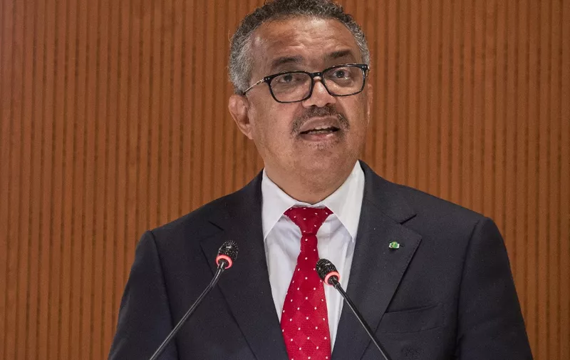 World Health Organisation (WHO) Director-General Tedros Adhanom Ghebreyesus delivers a speech on the opening day of 75th World Health Assembly of the World Health Organisation (WHO) in Geneva on May 22, 2022. (Photo by JEAN-GUY PYTHON / AFP)
