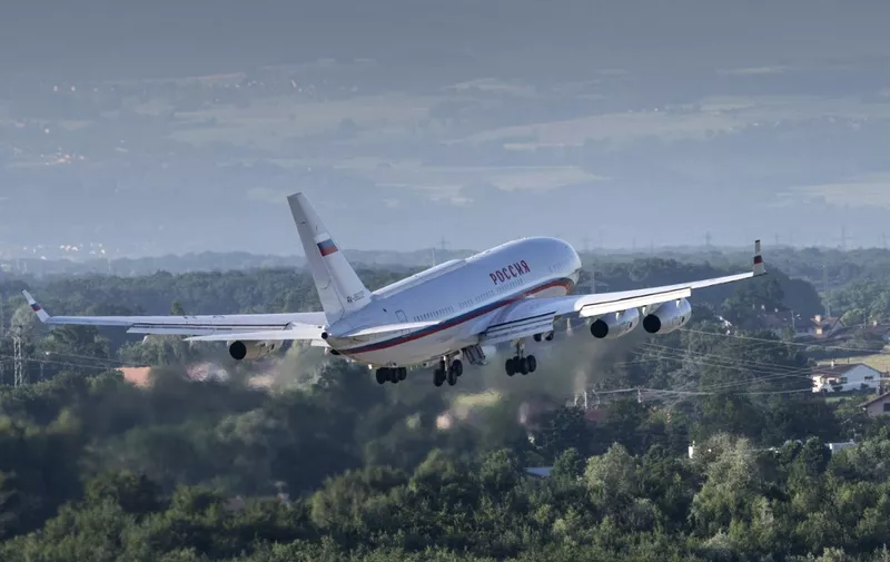 The Russian presidential plane Iljuschin Il-96, presumably carrying Russian president Vladimir Putin, takes off after the US - Russia summit with US President Joe Biden, from Geneva Airport Cointrin, on June 16, 2021. (Photo by ALESSANDRO DELLA VALLE / POOL / AFP)