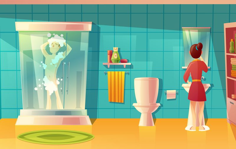 Vector bathroom interior with couple in morning hygiene. Combined room with furniture. Man in shower cabin, woman in front of the mirror, sink. Household background cartoon architecture decoration (Vector bathroom interior with couple in morning hygie