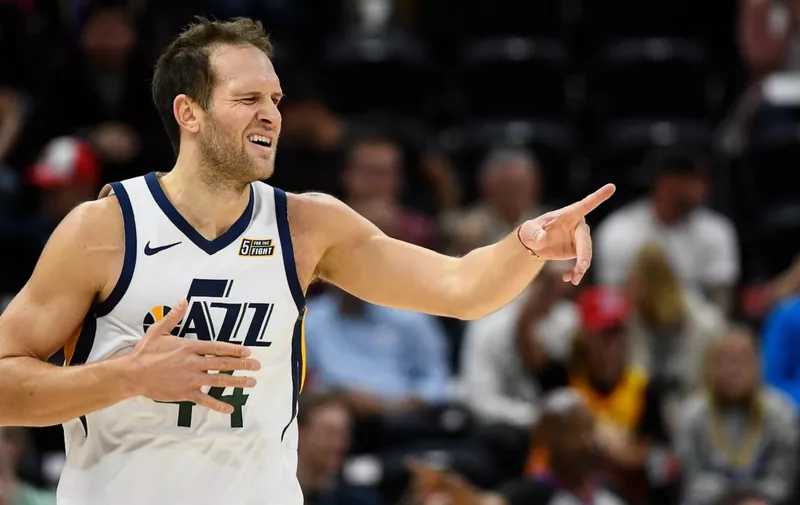 SALT LAKE CITY, UT - OCTOBER 05:  Bojan Bogdanovic #44 of the Utah Jazz celebrates a play during a game against the Adelaide 36ers at Vivint Smart Home Arena on October 5, 2019 in Salt Lake City, Utah. NOTE TO USER: User expressly acknowledges and agrees that, by downloading and or using this photograph, User is consenting to the terms and conditions of the Getty Images License Agreement.  (Photo by Alex Goodlett/Getty Images)