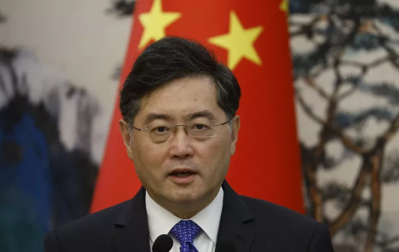 China's Foreign Minister Qin Gang attends a news conference after talks with his Dutch counterpart Wopke Hoekstra in Beijing on May 23, 2023. (Photo by THOMAS PETER / POOL / AFP)