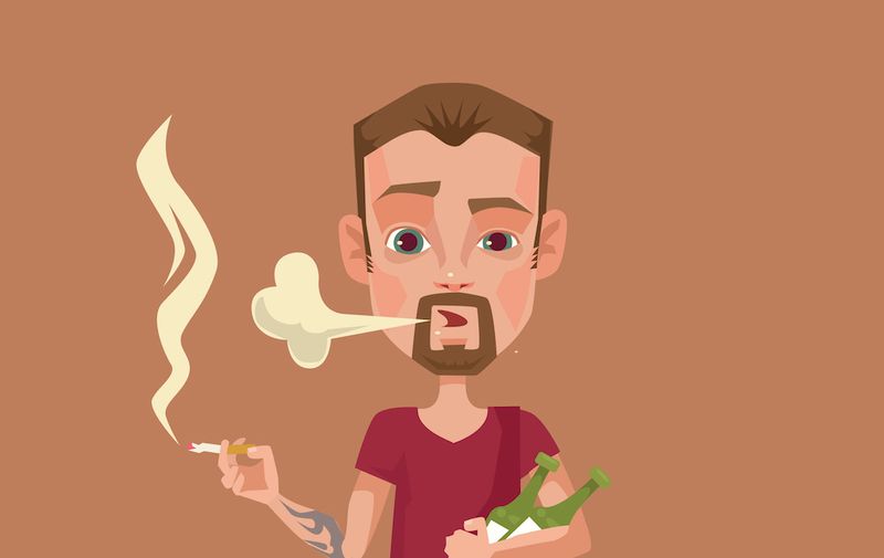 Bad drunk smoking father with children characters. Vector flat illustration