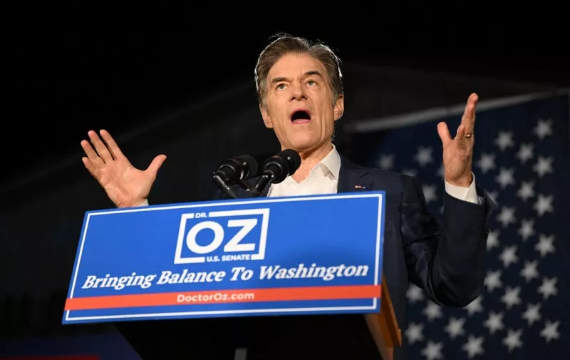 Republican Senatorial candidate for Pennsylvania Mehmet Oz speaks during a get out the vote rally ahead of the US midterm elections, in Pennsburg, Pennsylvania, on November 7, 2022. (Photo by Ed JONES / AFP)