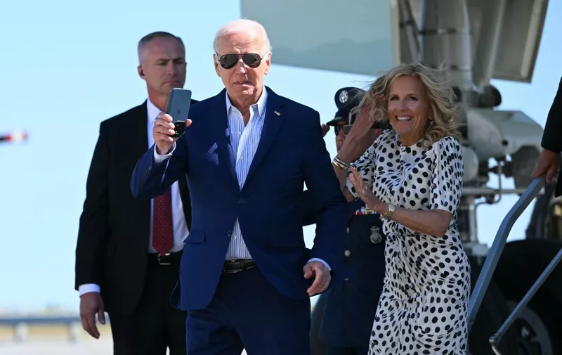 US President Joe Biden and First Lady Jill Biden step off Air Force One upon arrival at John F. Kennedy International Airport in New York, New York on June 28, 2024. (Photo by Mandel NGAN / AFP)