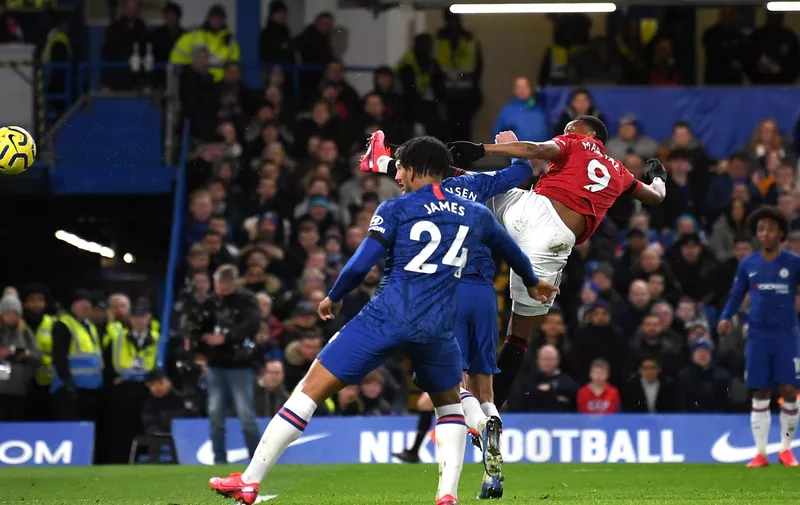 LONDON, ENGLAND - FEBRUARY 17: Anthony Martial of Manchester United scores his team's first goal during the Premier League match between Chelsea FC and Manchester United at Stamford Bridge on February 17, 2020 in London, United Kingdom. (Photo by Mike Hewitt/Getty Images)