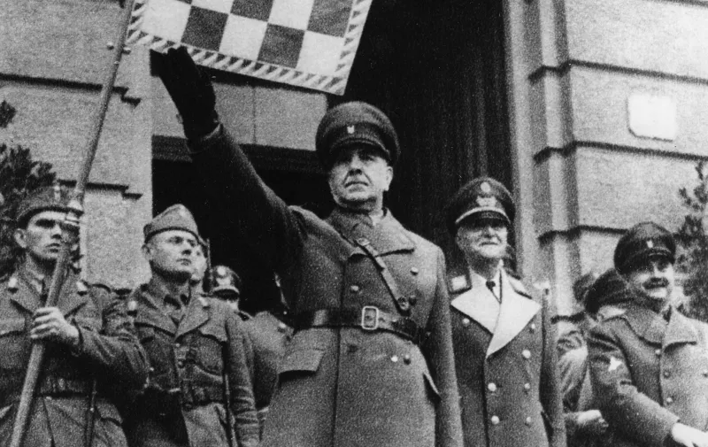 Pavelic, Ante, 14.9.1889 - 28.12.1959, Croatian politician, head of state of Croatia 10.4.1941 - May 1945, during a parade at Karlovac, 1941, Slavko Kvaternik behind him, penant, Ustase, dictator, leader, axis powers, Second World War, WWII, balkan, 20th century, fascism,, Image: 48762070, License: Rights-managed, Restrictions: , Model Release: no, Credit line: Profimedia, Alamy