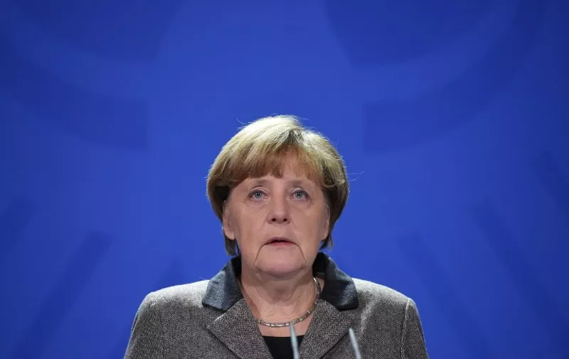 Angela Merkel German Chancellor speaks during a press conference on January 12, 2016 in Berlin.
At least eight Germans were killed in Tuesday's suicide bombing attack that struck the heart of Istanbul's tourist district, Chancellor Angela Merkel said, adding that Berlin would put up a determined fight against terror. / AFP / dpa / Soeren Stache / Germany OUT
