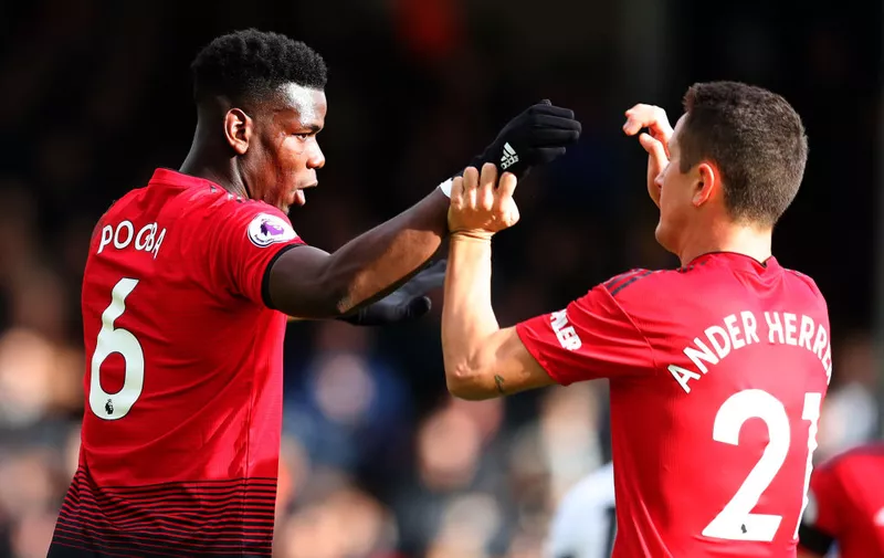 LONDON, ENGLAND &#8211; FEBRUARY 09: Paul Pogba of Manchester United celebrates after scoring his team&#8217;s third goal with teammate Ander Herrera during the Premier League match between Fulham FC and Manchester United at Craven Cottage on February 9, 2019 in London, United Kingdom. (Photo by Catherine Ivill/Getty Images)