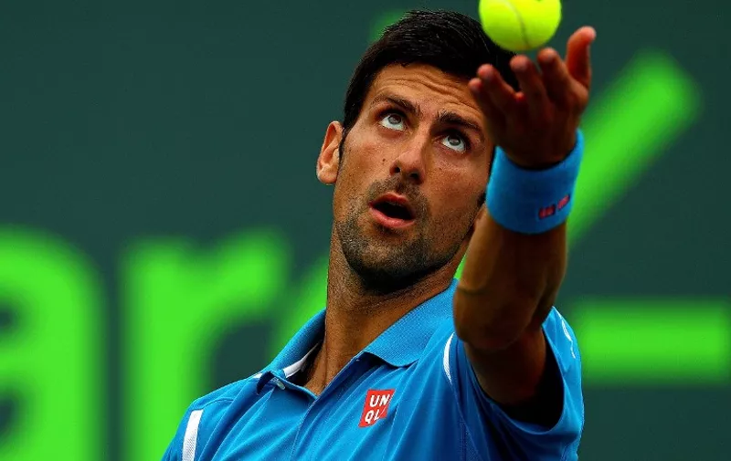 KEY BISCAYNE, FL - APRIL 03: Novak Djokovic of Serbia plays in the Men's Final against Kei Nishikori of Japan during Day 14 of the Miami Open presented by Itau at Crandon Park Tennis Center on April 3, 2016 in Key Biscayne, Florida.   Mike Ehrmann/Getty Images/AFP