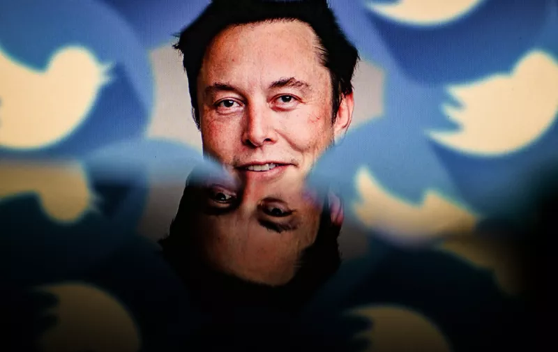 November 9, 2022, Clermont Ferrand, Auvergne Rhone Alpes, France: A portrait of Elon Musk is seen surrounded by the Twitter logo. Elon Musk sells nearly $4 billion worth of Tesla shares in view of its takeover of Twitter. Weeks after his buyout of Twitter, faced with the changes promised by Elon Musk, many Internet users have announced that they want to leave Twitter for other platforms - Clermont-Ferrand, November 9, 2022.,Image: 736331544, License: Rights-managed, Restrictions: , Model Release: no