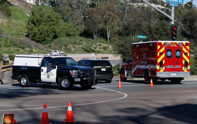 SAN DIEGO, CA - JANUARY 26: California Highway Patrol officers control traffic outside Naval Medical Center San Diego after reports of gunfire inside the Military Hospital on January 26, 2016 in San Diego, California. Initial reports of gunfire were later later said to be unfounded by local law enforcement.   Sean M. Haffey/Getty Images/AFP (Photo by Sean M. Haffey / GETTY IMAGES NORTH AMERICA / Getty Images via AFP)