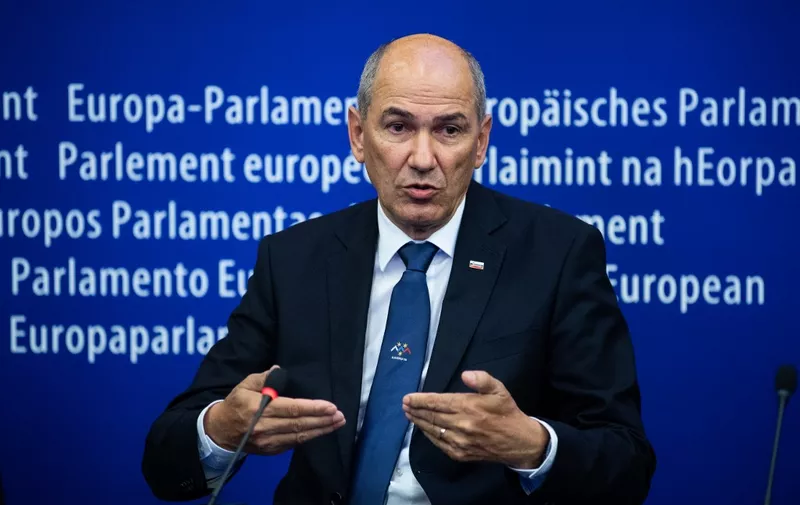 Slovenian Prime Minister Janez Jansa attends a press conference after the presentation of the programme of the activities of the Slovenian Presidency during a plenary session at the European Parliament in Strasbourg, on July 6, 2021. (Photo by PATRICK HERTZOG / AFP)