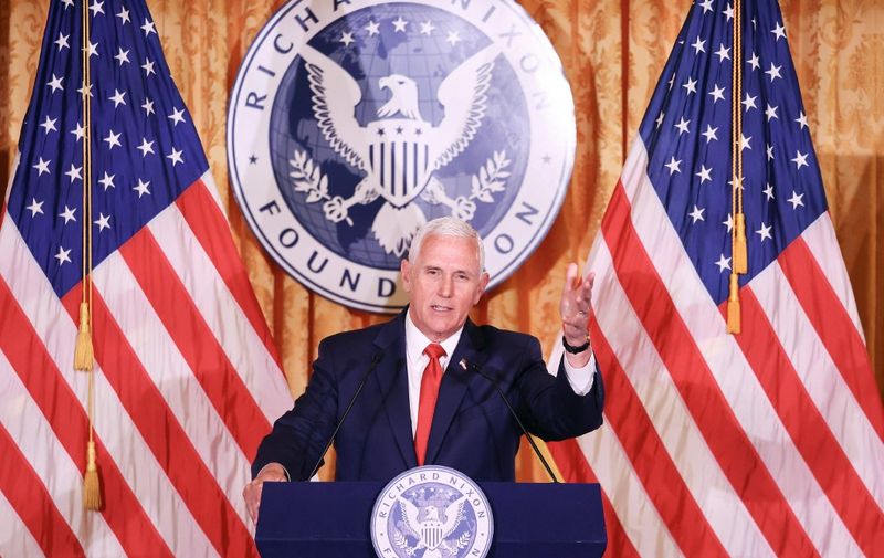 YORBA LINDA, CALIFORNIA - APRIL 19: Former U.S. Vice President Mike Pence delivers closing remarks at the Nixon National Energy Conference at the Richard Nixon Presidential Library and Museum on April 19, 2023 in Yorba Linda, California. Pence discussed American energy policy at the event which marked the 50th anniversary of the countrys first energy policy.   Mario Tama/Getty Images/AFP (Photo by MARIO TAMA / GETTY IMAGES NORTH AMERICA / Getty Images via AFP)