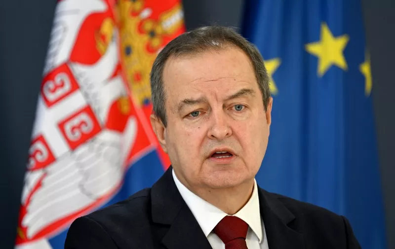 Foreign Minister of Serbia Ivica Dacic speaks during a joint press conference with OSCE Chairperson-in-Office, Minister for Foreign, Trade and European Affairs of Malta in Belgrade on April 10, 2024. (Photo by Andrej ISAKOVIC / AFP)