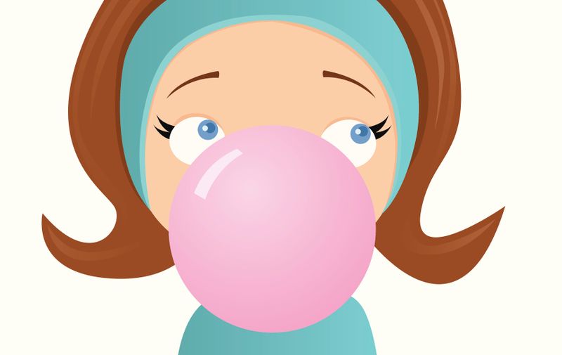 A vector illustration of a girl blowing a bubble with bubble gum.