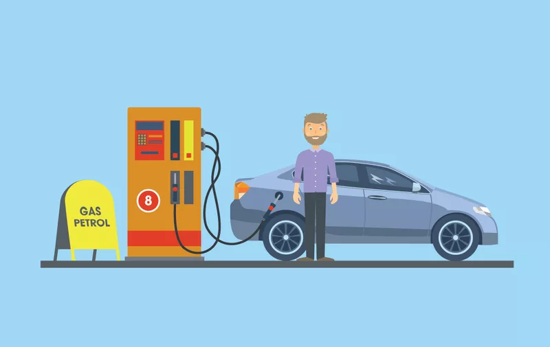 The car at the gas station with the driver. Vector illustration