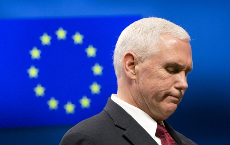 US Vice-President Mike Pence pauses before speaking during a press conference at the European Commission in Brussels on February 20, 2017.
The European Union counts on getting the same complete support from the Trump adminstration as from its predecessors, European Council head Donald Tusk said on February 20.  / AFP PHOTO / POOL / Virginia Mayo