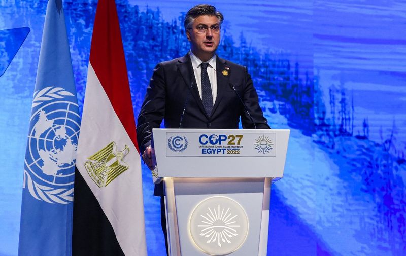 Croatia's Prime Minister Andrej Plenkovic delivers a speech at the leaders summit of the COP27 climate conference at the Sharm el-Sheikh International Convention Centre, in Egypt's Red Sea resort city of the same name, on November 8, 2022. (Photo by AHMAD GHARABLI / AFP)