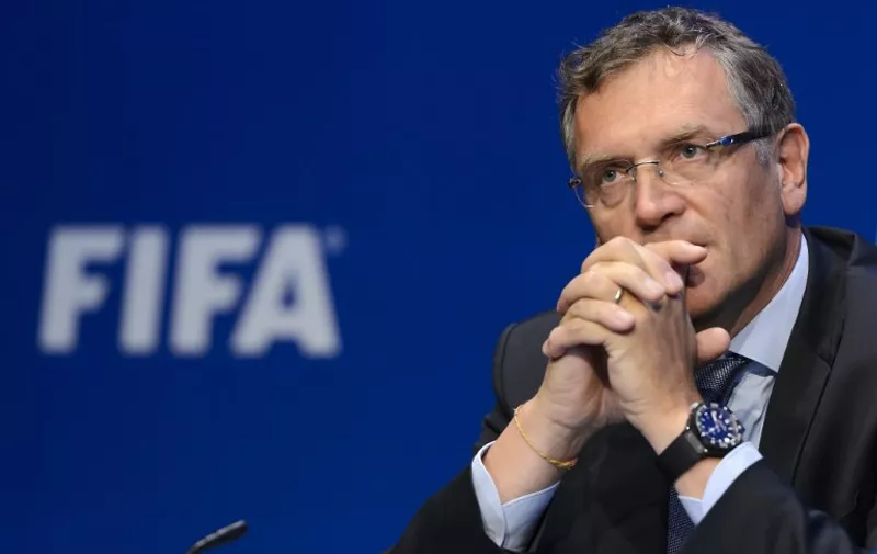 This May 30, 2015 photo shows FIFA general secretary Jerome Valcke during a press conference following the 65th FIFA Congress in Zurich, Switzerland. According to June 1, 2015 media reports, federal authorities believe Valcke made some USD10 million in bank transactions, acticvities that are major parts of the ongoing FIFA bribery scandal.  AFP PHOTO / FABRICE COFFRINI