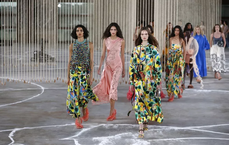 NEW YORK, NEW YORK - SEPTEMBER 10: Models walk the runway wearing Ulla Johnson during New York Fashion Week 2023 at Powerhouse Arts on September 10, 2023 in New York City.   John Lamparski/Getty Images/AFP (Photo by John Lamparski / GETTY IMAGES NORTH AMERICA / Getty Images via AFP)