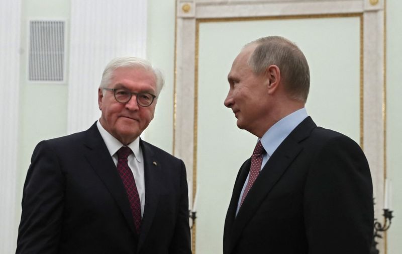 Russian President Vladimir Putin (R) welcomes his German counterpart Frank-Walter Steinmeier during a meeting at the Kremlin in Moscow on October 25, 2017. (Photo by YURI KOCHETKOV / POOL / AFP)