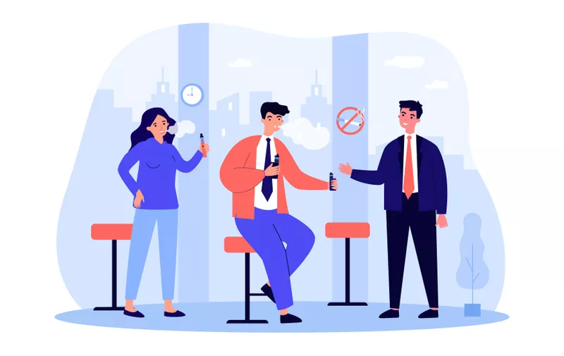 Coworkers offering man e-cigarette vector illustration. People switching from regular smoking to vape or electronic smoking to kick habit. Smoke-free country, use of e-cigarettes concept,Image: 792528096, License: Royalty-free, Restrictions: , Model Release: no
