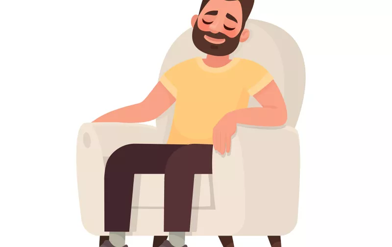 Bearded man sits in an armchair and sleeps. A person is resting or thinking about something good. Vector illustration in cartoon style.