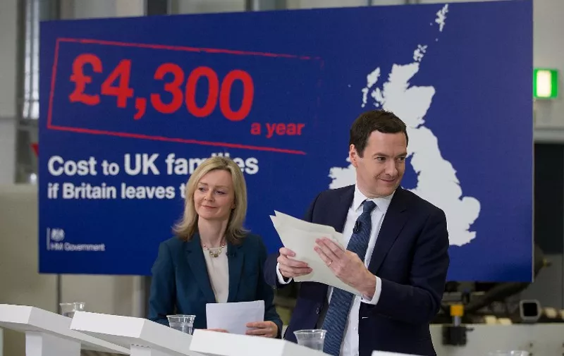 British Chancellor of the Exchequer George Osborne (R) and British Environment Secretary Liz Truss address invitees at an event at the National Composites Centre at the Bristol and Bath Science Park in Bristol, south-west England on April 18, 2016.
If Britain leaves the European Union its economy could be six percentage points smaller than it would otherwise have been by 2030, the finance ministry warned in a report on that was dismissed as scaremongering by eurosceptics. The report said a Brexit would cause "permanent" economic damage as Britain would never be able to negotiate quota-free, no-tariff access to the single market if Britons vote to leave in a June referendum.
 / AFP PHOTO / POOL / Matt Cardy