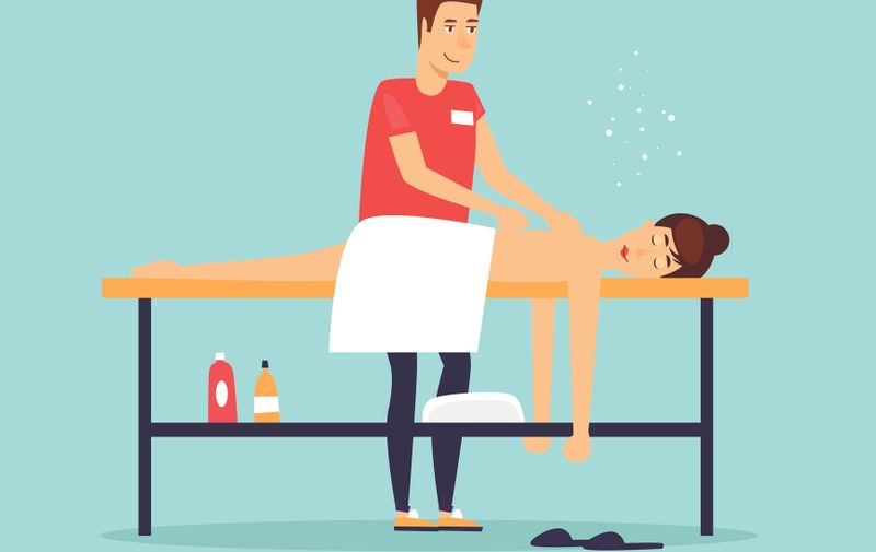 Woman relaxing on massage table. Male masseur. Flat design vector illustration.