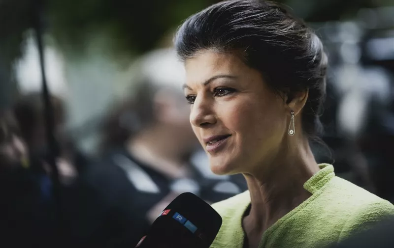 Sahra Wagenknecht, MdB, speaks to the media after a press conference on the founding of the association "Alliance Sahra Wagenknecht - For Reason and Justice" to prepare a new party. Berlin, October 23, 2023. (Photo by Florian Gaertner / Photothek / dpa Picture-Alliance via AFP)