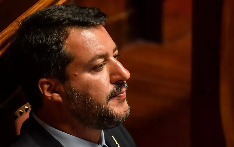 Deputy Prime Minister and Interior Minister Matteo Salvini looks on during the debate at the Italian Senate, in Rome, on August 20, 2019, as the country faces a political crisis. - On August 20 Italian Prime Minister says he will offer his resignation to the Senate, lashing out at Salvini for pursuing his own interests by pulling the plug on the coalition. (Photo by Andreas SOLARO / AFP)