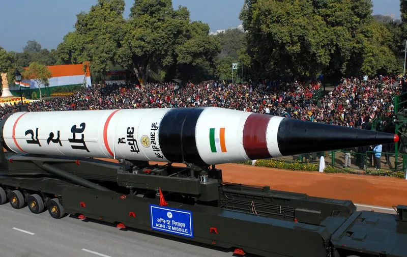 India's ballistic missile Agni-V on display during the Republic Day 2013 parade at Rajpath in New Delhi on Saturday, January 26, 2013. The Times of India/ Sanjeev Rastogi. (Photo by Sanjeev Rastogi / the times of india / The Times of India via AFP)