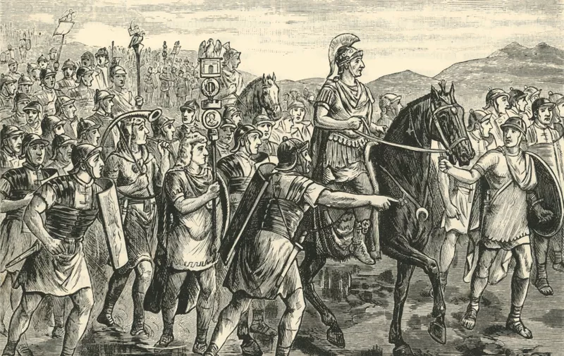 'Caesar Crossing the Rubicon', 1890. From "Cassell's Illustrated Universal History Vol. II - Rome", by Edmund Ollier. [Cassell and Company, Limited, London, Paris and Melbourne, 1890],Image: 466222633, License: Rights-managed, Restrictions: , Model Release: no