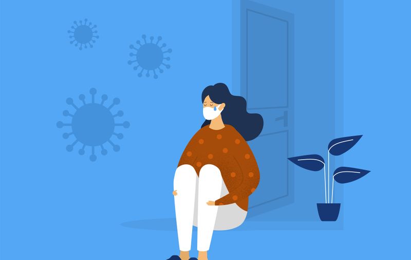 Depressed girl stay home. Anxiety about Coronavirus Covid-19. Mental disorder. Vector illustration