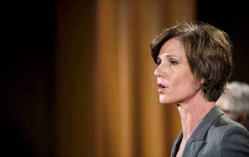 WASHINGTON, DC - JUNE 28: Deputy Attorney General Sally Q. Yates speaks during a press conference at the Department of Justice on June 28, 2016 in Washington, DC. Volkswagen has agreed to nearly $15 billion in a settlement over emissions cheating on its diesel vehicles.   Pete Marovich/Getty Images/AFP