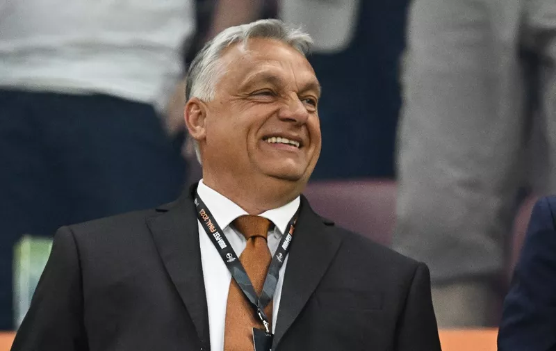 Hungarian Prime Minister Viktor Orban attends the UEFA Europa League final football match between Sevilla FC and AS Roma at the Puskas Arena in Budapest, Hungary on May 31, 2023. (Photo by Attila KISBENEDEK / AFP)